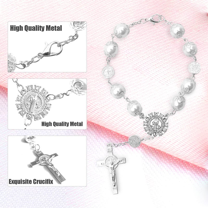 TEMI 2 Pieces Car Mirror Hanging Accessories Car Rosary with Cross Blessing Rosary  Beads Catholic for Woman Men Personalized Rearview Mirror Auto Rosary Hanging Accessories Interior Decors (White) - Image 3
